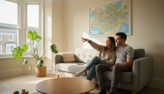 Couple choosing art in bright living room