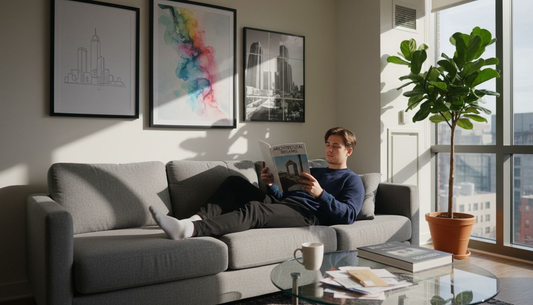 Young professional lounging with city skyline wall art